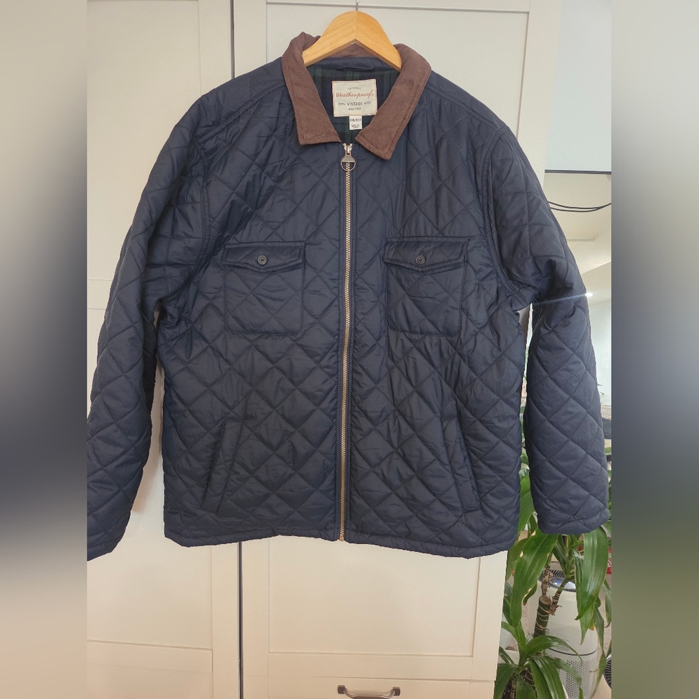 Weatherproof Men's Navy Quilted Jacket with Brown Collar